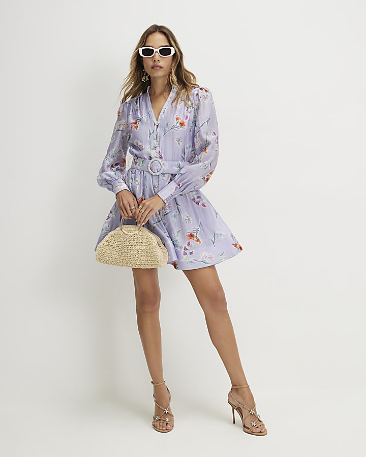 Purple Linen Blend Floral Shirt Dress