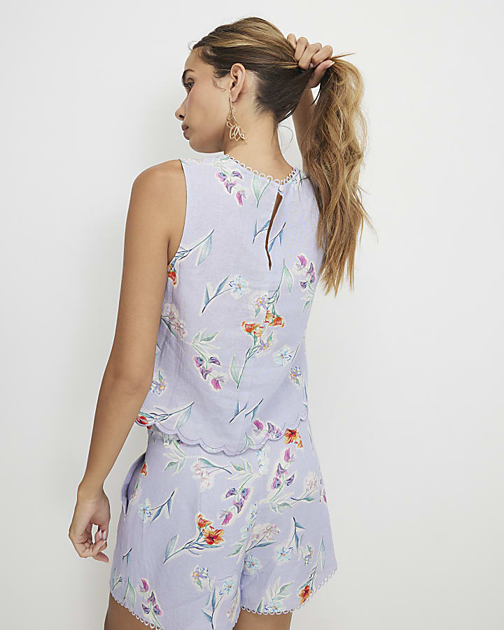 Purple Linen Blend Floral Tank Top