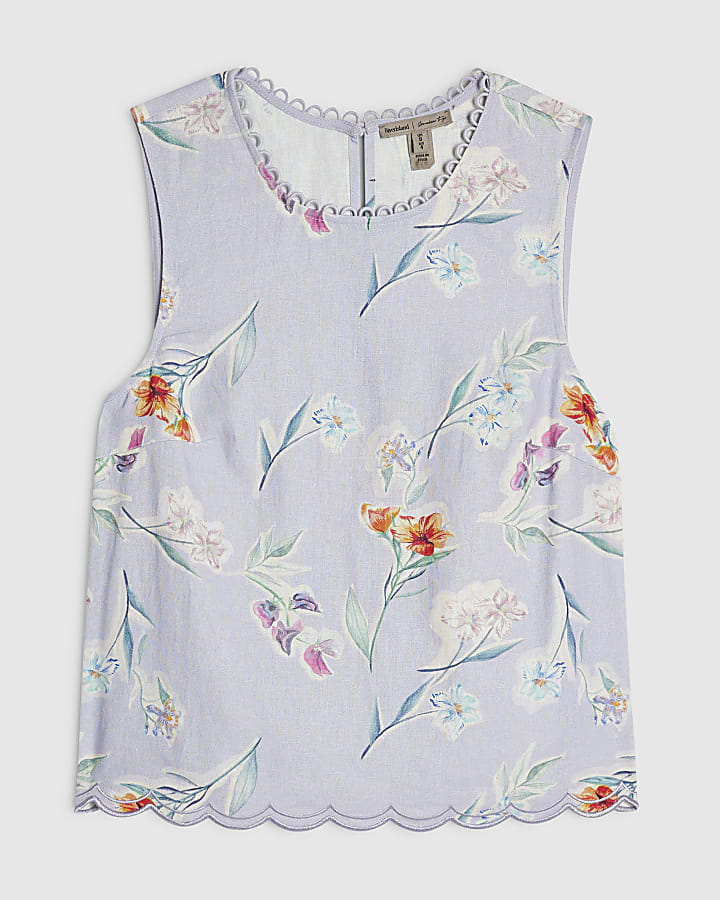 Purple Linen Blend Floral Tank Top