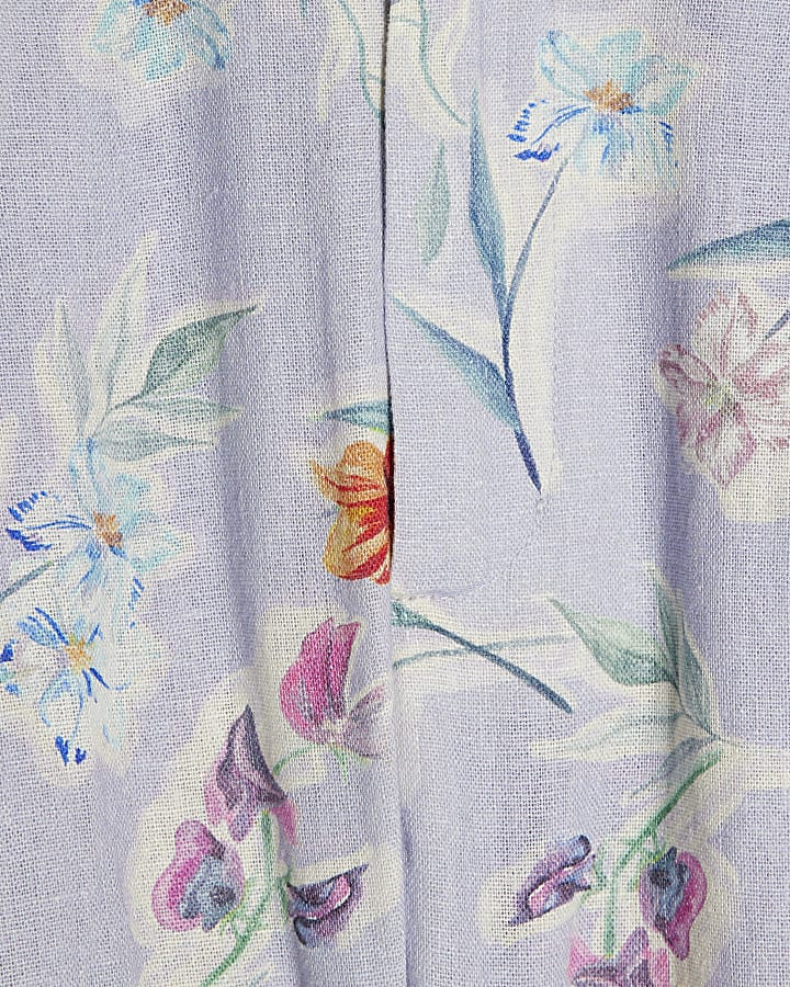 Purple Linen Blend Floral Belted Shorts