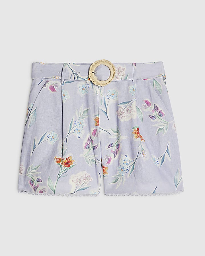 Purple Linen Blend Floral Belted Shorts