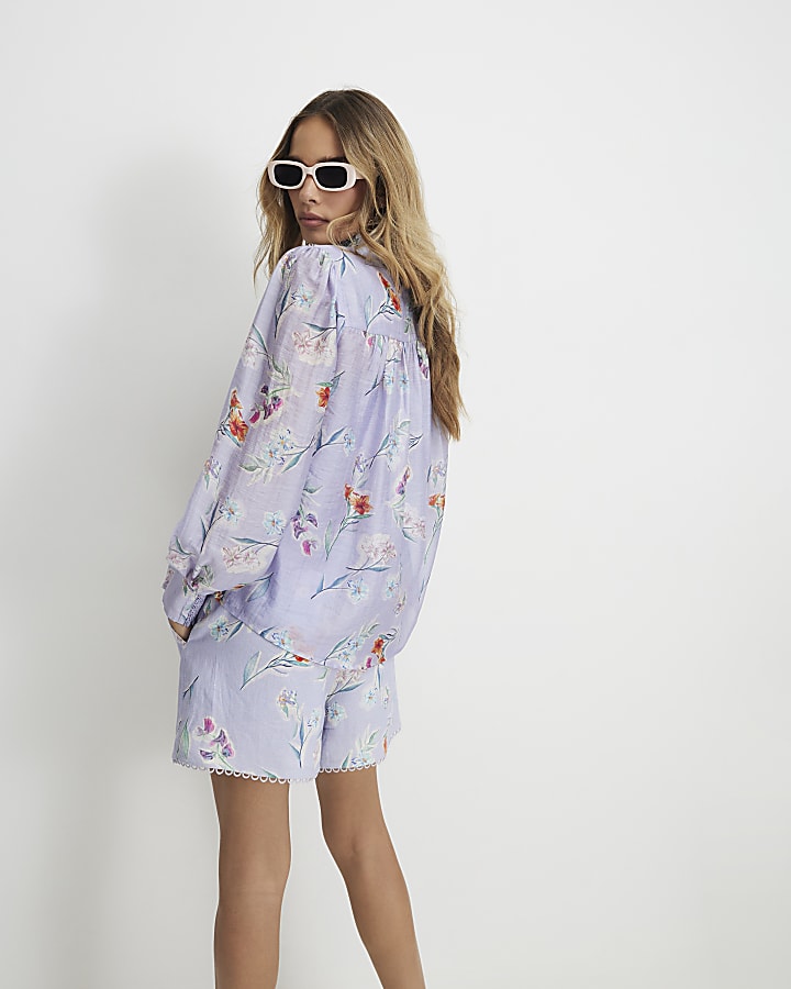 Purple Linen Blend Floral Long Sleeve Blouse