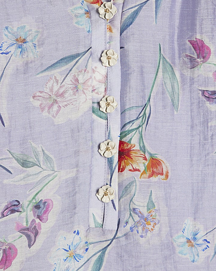 Purple Linen Blend Floral Long Sleeve Blouse