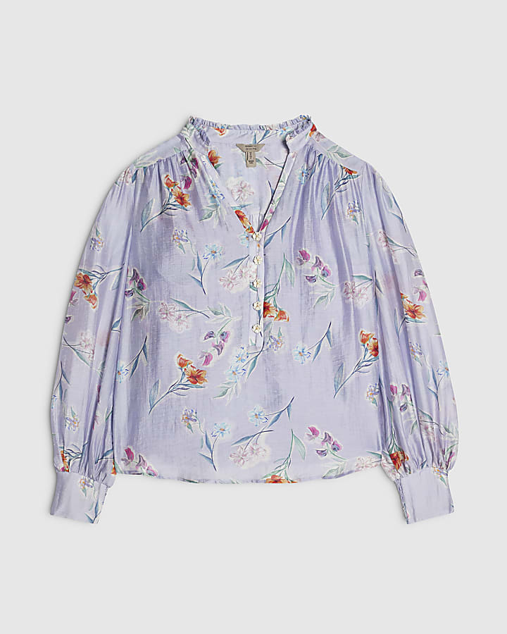 Purple Linen Blend Floral Long Sleeve Blouse