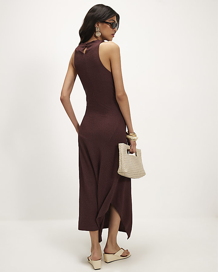 Brown Textured Sleeveless Midi Dress