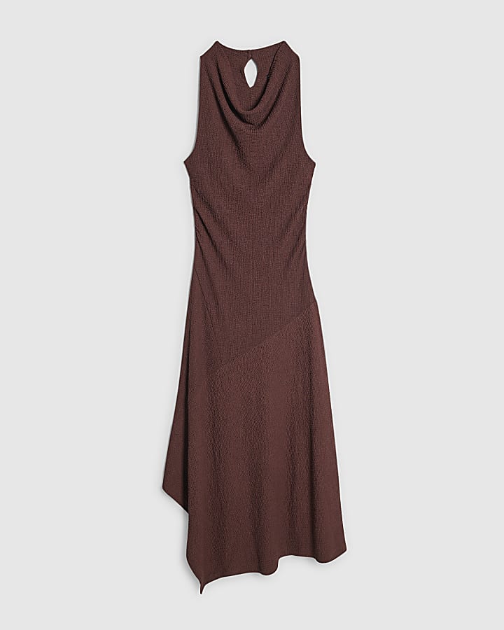 Brown Textured Sleeveless Midi Dress