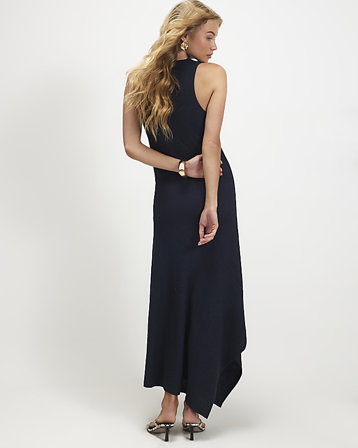 Navy Halter Neck Textured Midi Dress