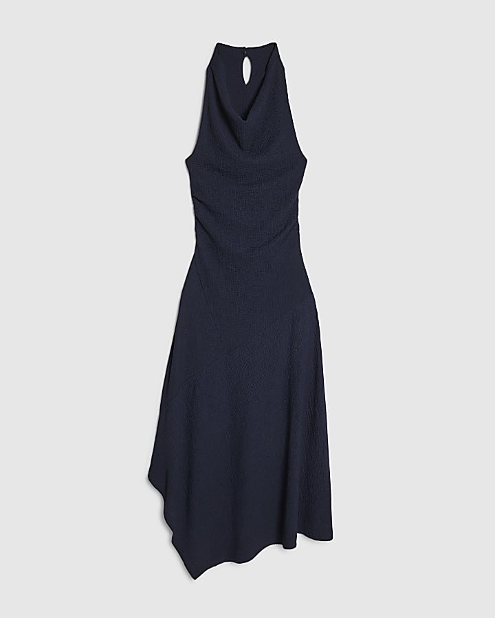 Navy Halter Neck Textured Midi Dress