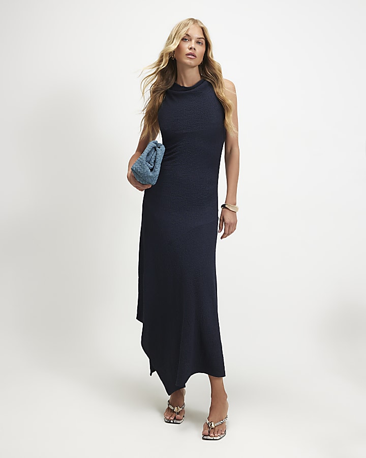 Navy Halter Neck Textured Midi Dress