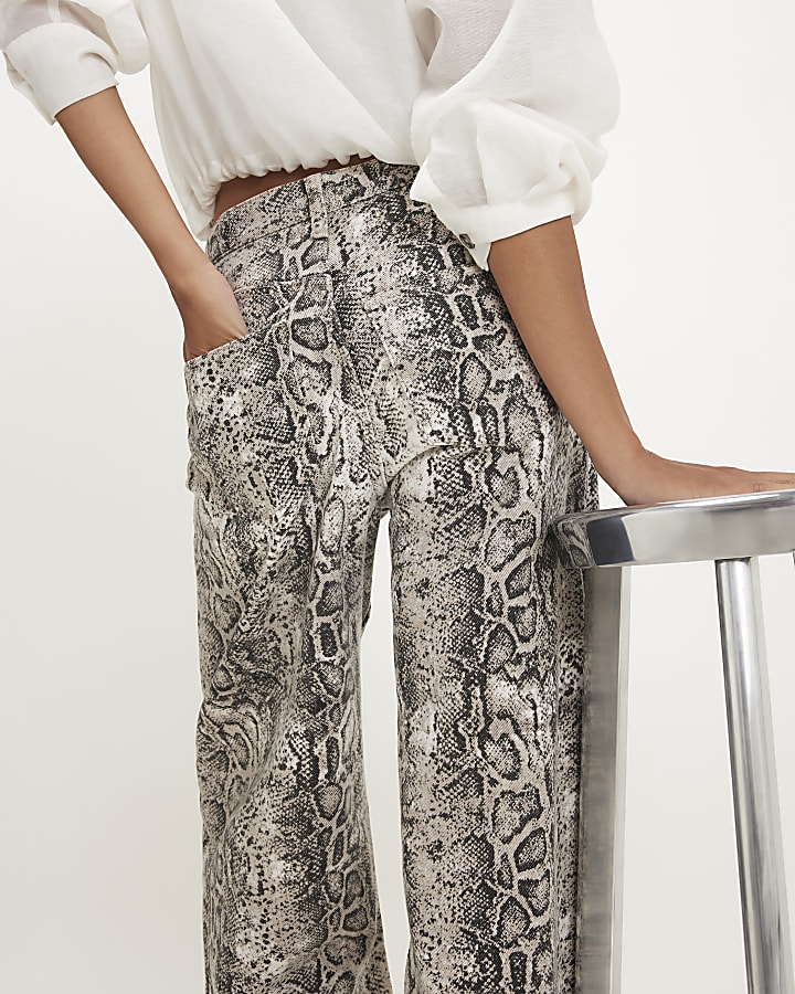 Grey Snake Print Barrel Leg Jeans