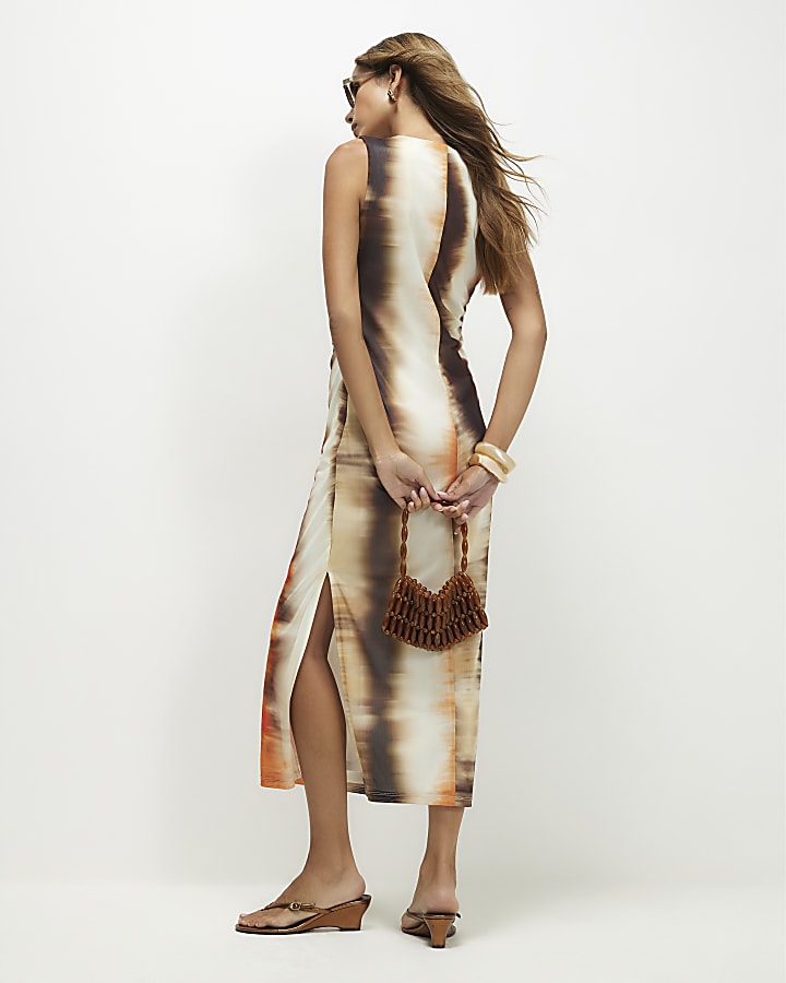 Orange Mesh Blur Print Maxi Dress