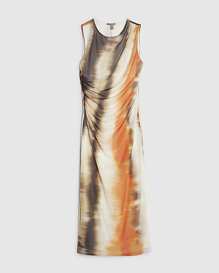 Orange Mesh Blur Print Maxi Dress