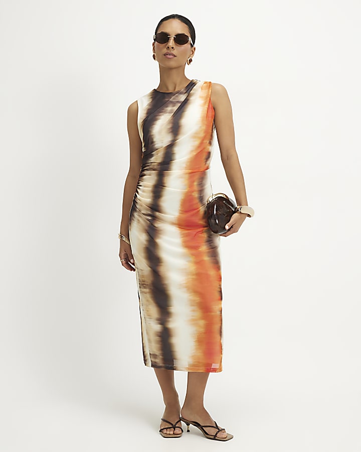 Petite Orange Mesh Blur Print Maxi Dress