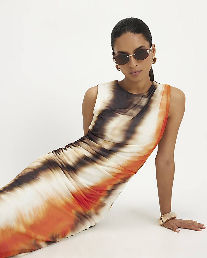 Petite Orange Mesh Blur Print Maxi Dress