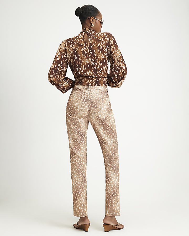 Beige Deer Print Cigarette Jeans