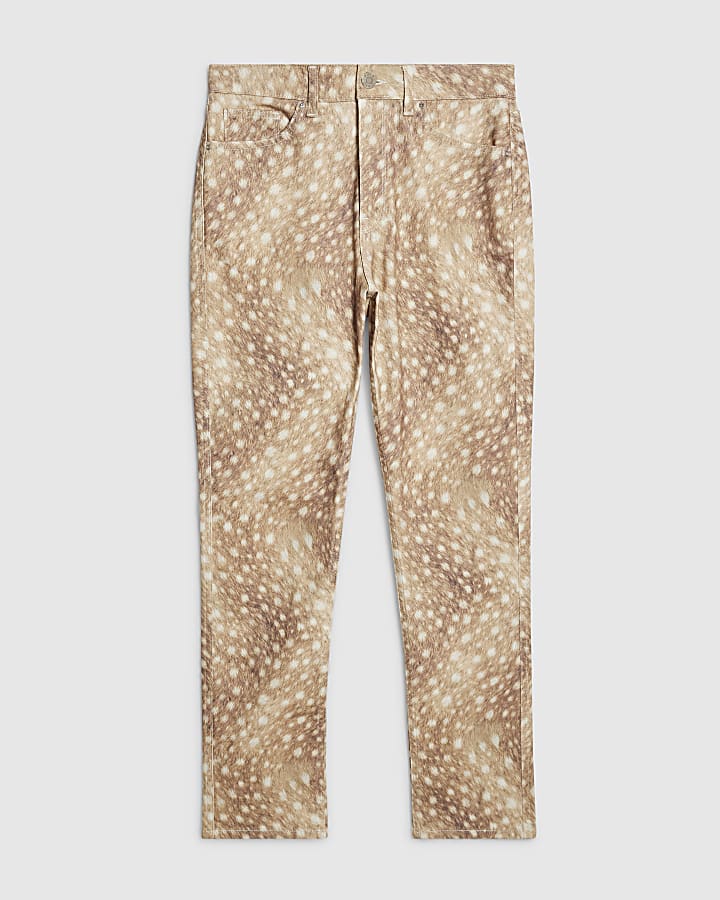 Beige Deer Print Cigarette Jeans