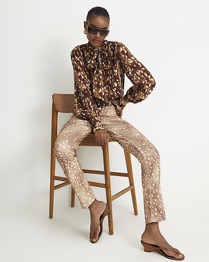 Beige Deer Print Cigarette Jeans