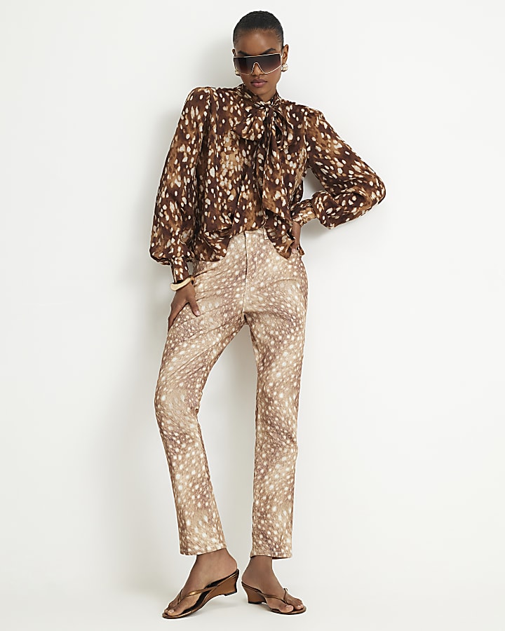Beige Deer Print Cigarette Jeans