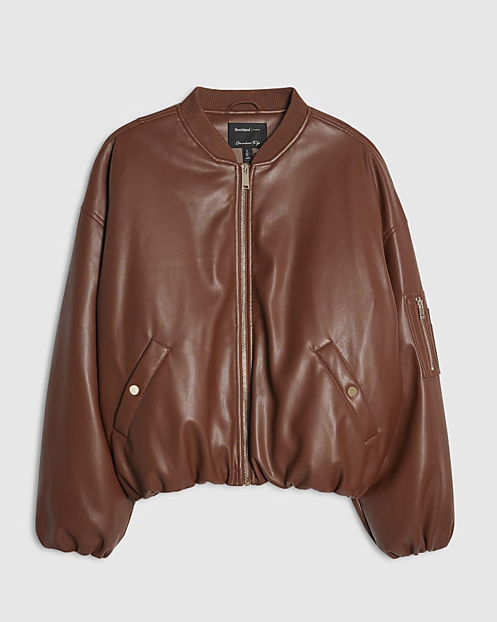 Brown Faux Leather Classic Bomber Jacket