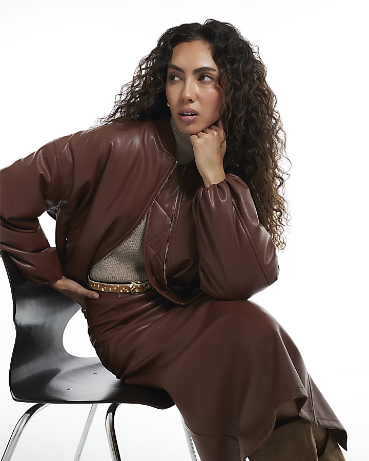 Brown Faux Leather Classic Bomber Jacket