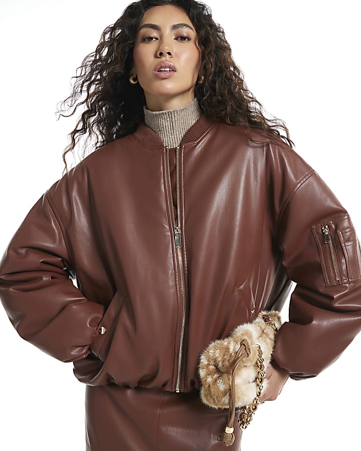 Brown Faux Leather Classic Bomber Jacket