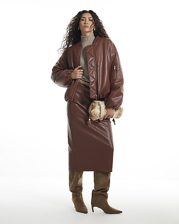 Brown Faux Leather Classic Bomber Jacket