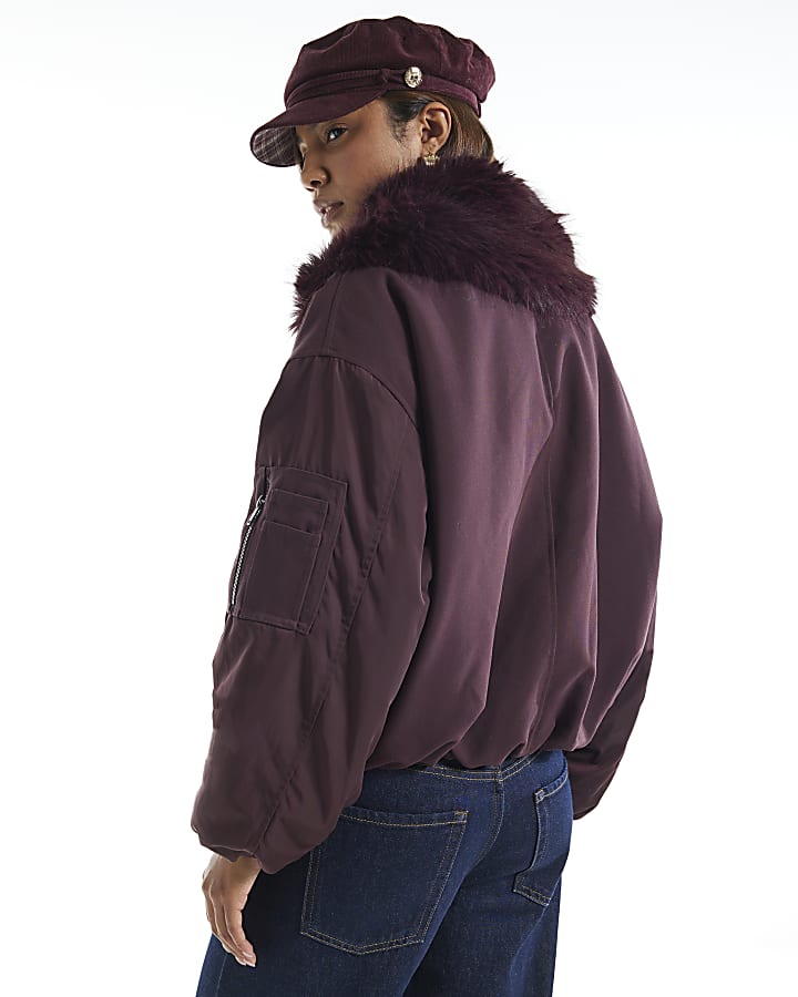 Burgundy Faux Fur Collar Hybrid Bomber Jacket