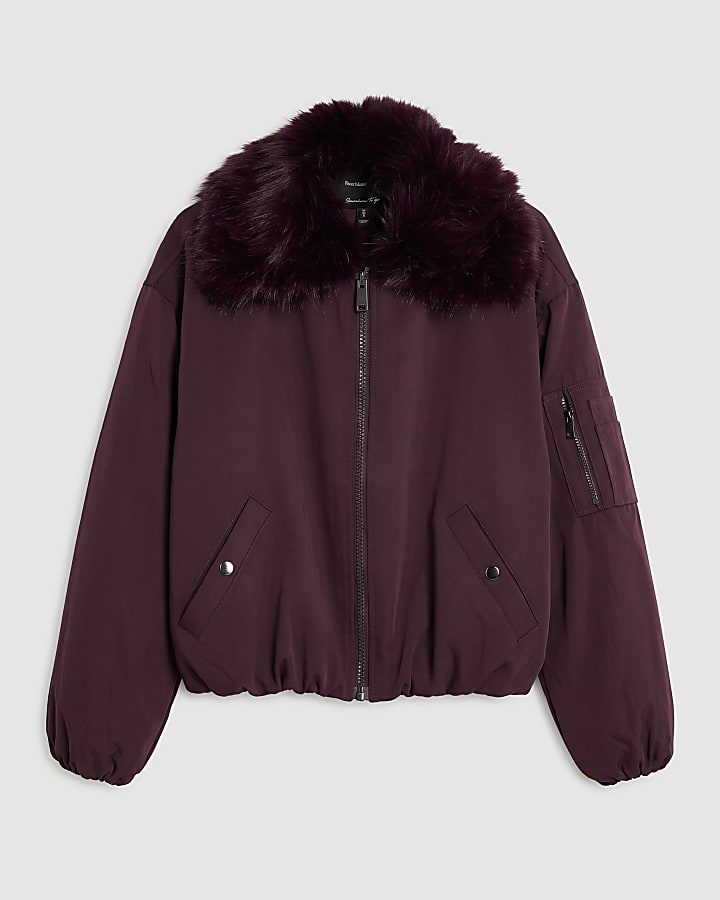 Burgundy Faux Fur Collar Hybrid Bomber Jacket
