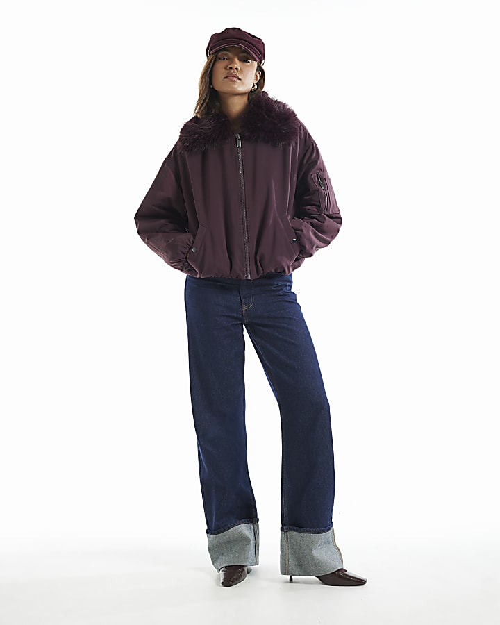 Burgundy Faux Fur Collar Hybrid Bomber Jacket
