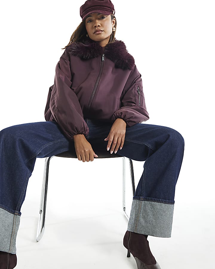 Burgundy Faux Fur Collar Hybrid Bomber Jacket
