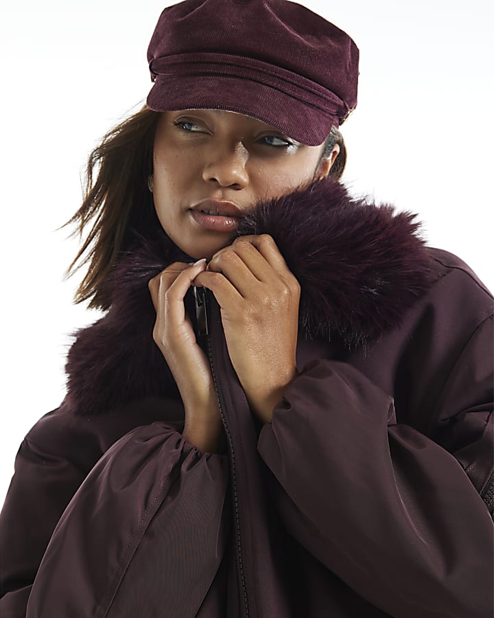 Burgundy Faux Fur Collar Hybrid Bomber Jacket