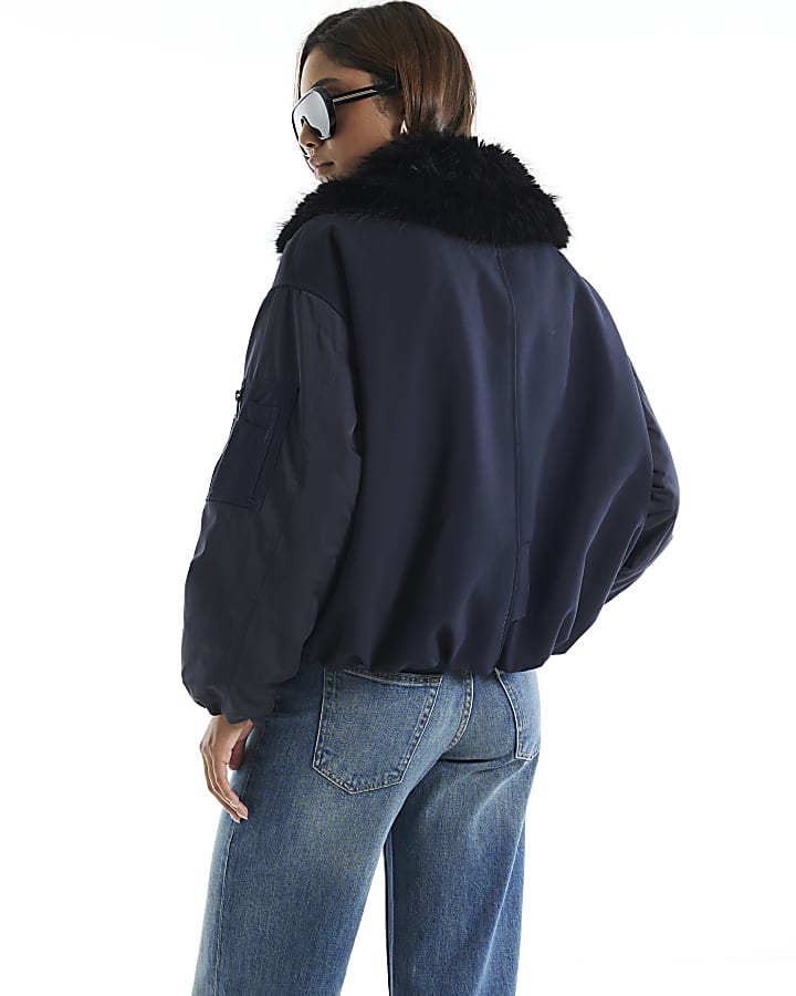 Navy Faux Fur Collar Hybrid Bomber Jacket