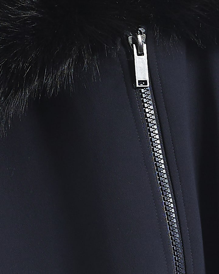 Navy Faux Fur Collar Hybrid Bomber Jacket