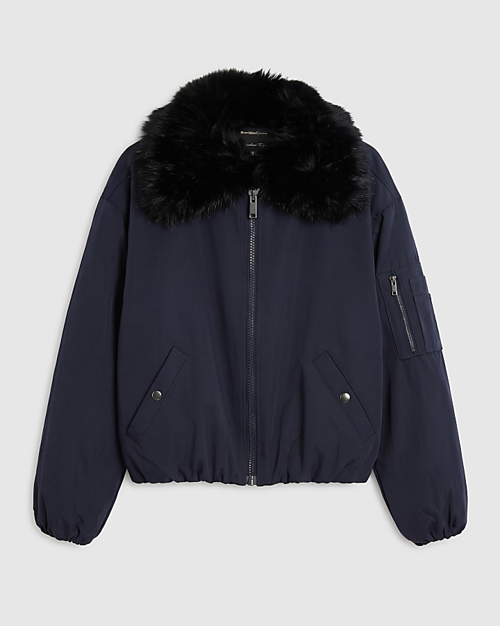Navy Faux Fur Collar Hybrid Bomber Jacket