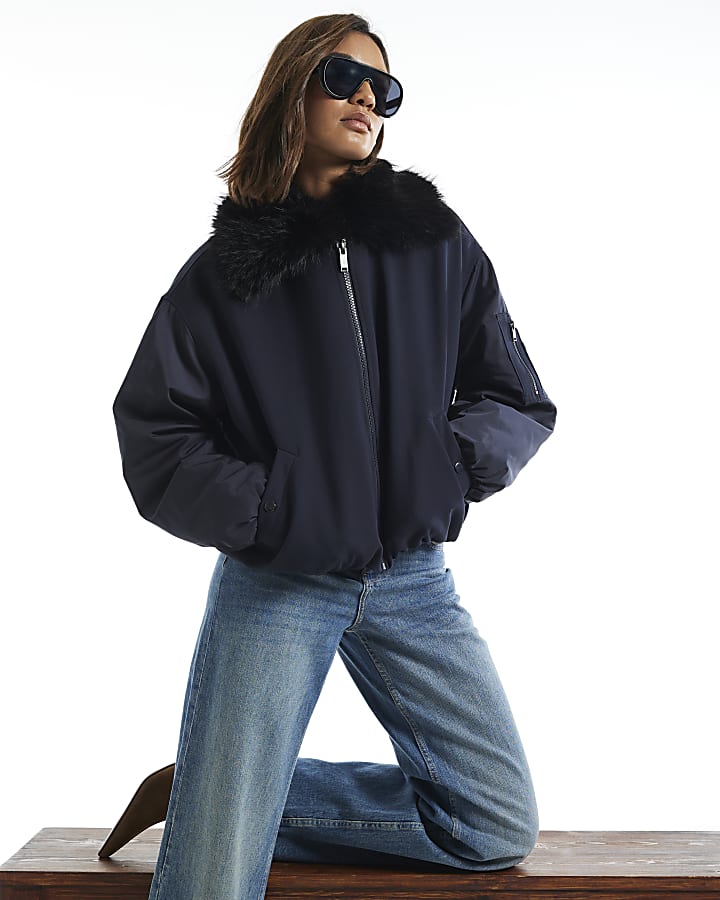 Navy Faux Fur Collar Hybrid Bomber Jacket