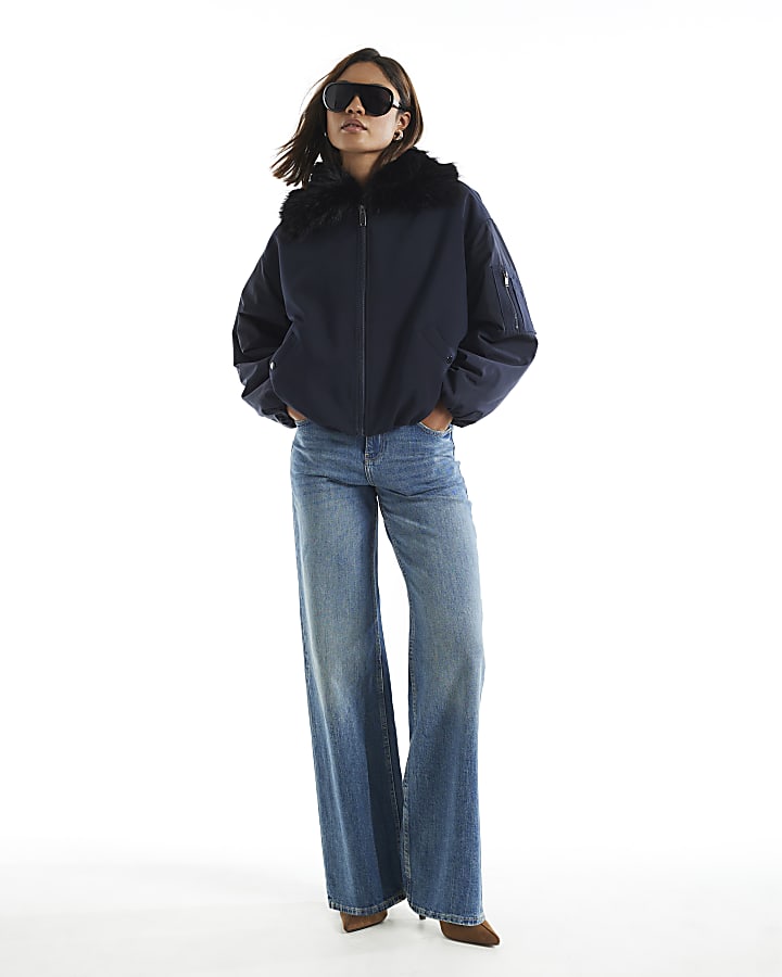 Navy Faux Fur Collar Hybrid Bomber Jacket