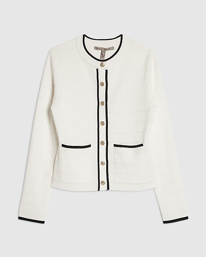 White Button Through Tipped Military Cardigan