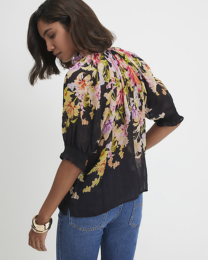 Black Botanical Print Sheer Blouse