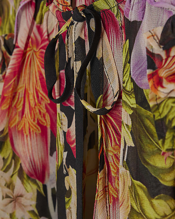Black Botanical Print Sheer Blouse