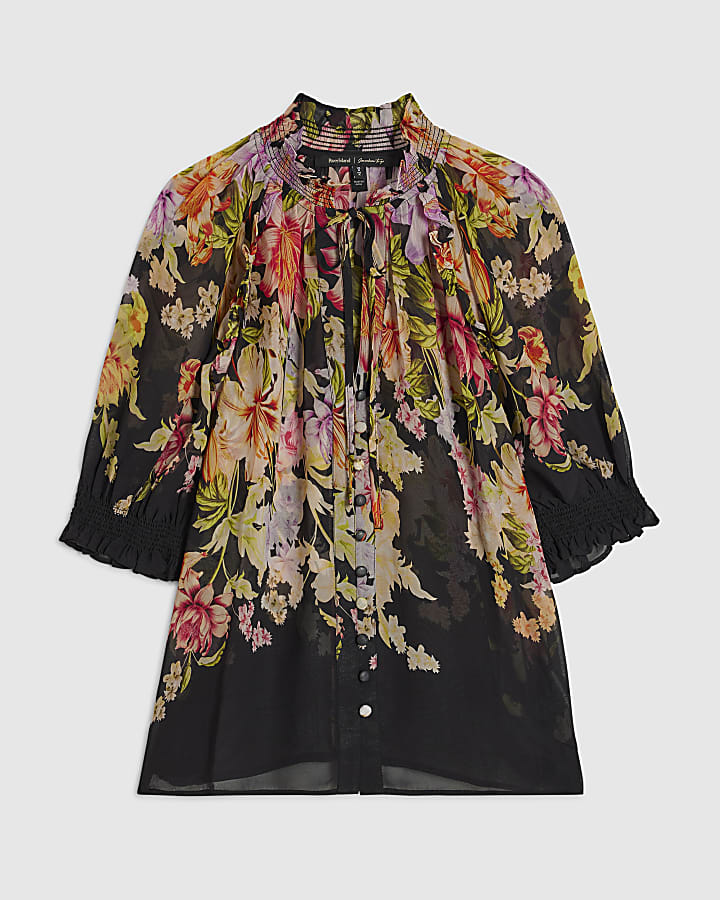 Black Botanical Print Sheer Blouse
