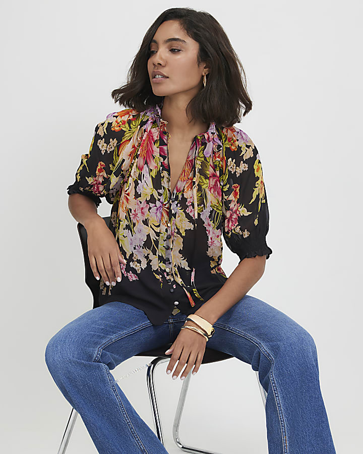 Black Botanical Print Sheer Blouse