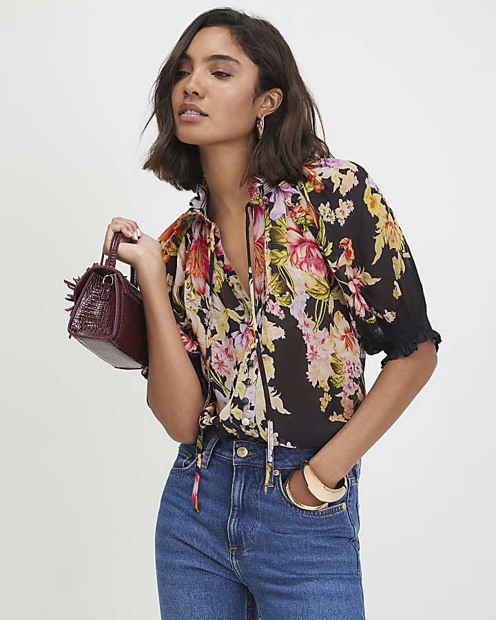 Black Botanical Print Sheer Blouse