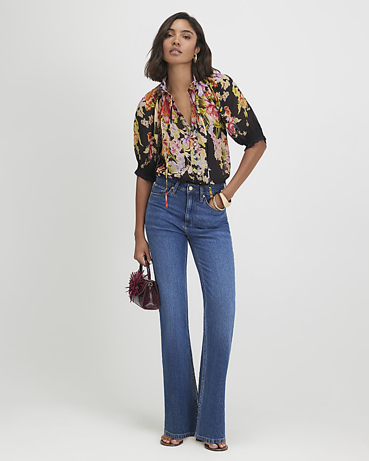 Black Botanical Print Sheer Blouse