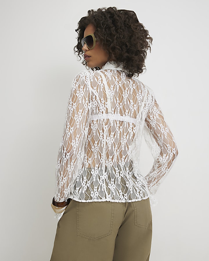 White Lace Long Sleeve Ruffle Shirt