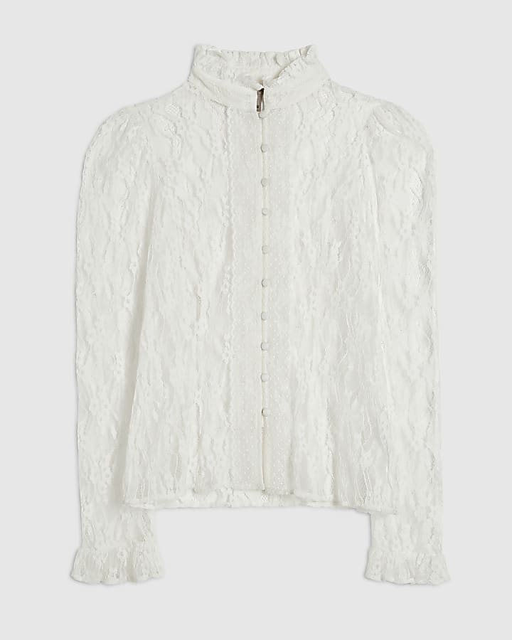 White Lace Long Sleeve Ruffle Shirt