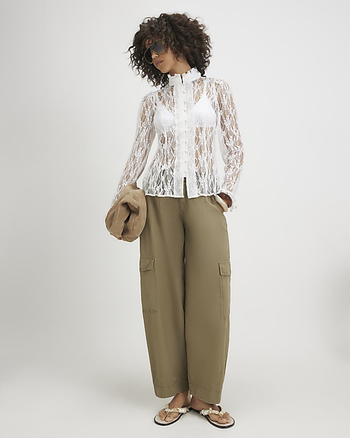 White Lace Long Sleeve Ruffle Shirt