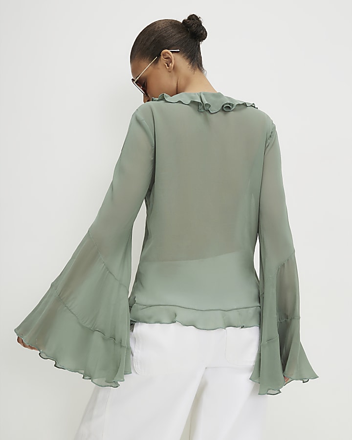 Green Long Sleeve Ruffle Front Blouse