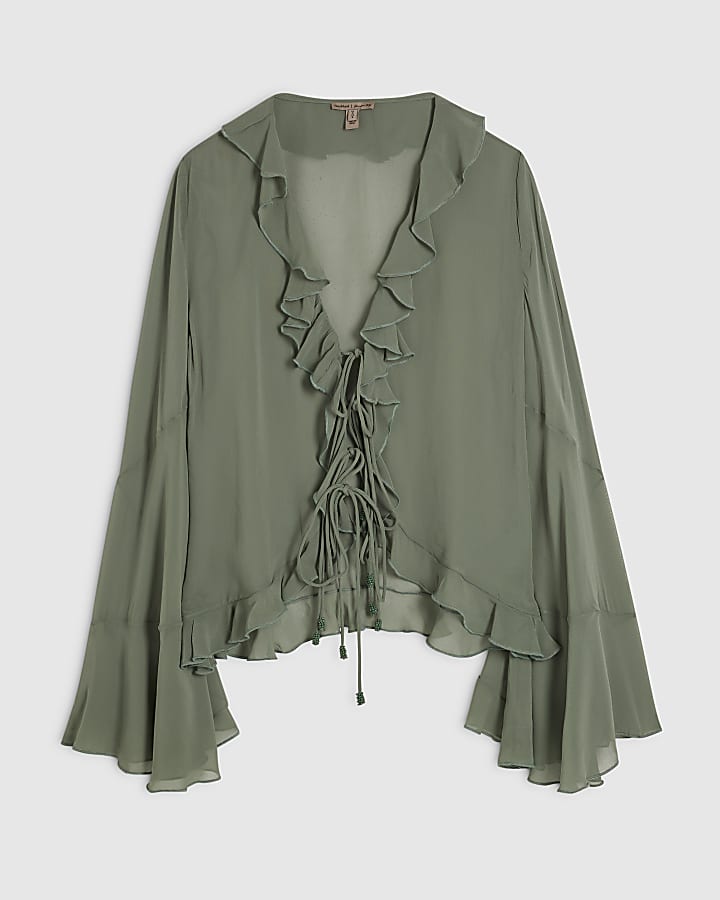 Green Long Sleeve Ruffle Front Blouse