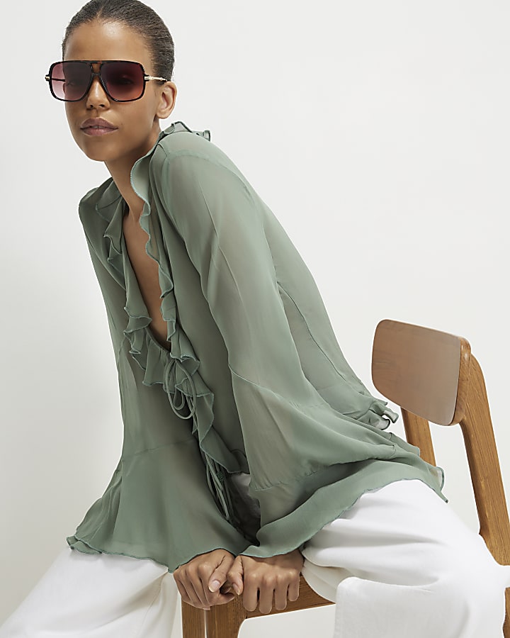 Green Long Sleeve Ruffle Front Blouse