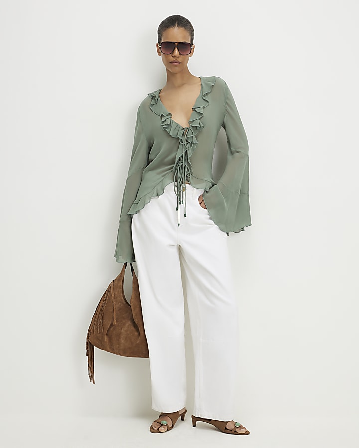 Green Long Sleeve Ruffle Front Blouse